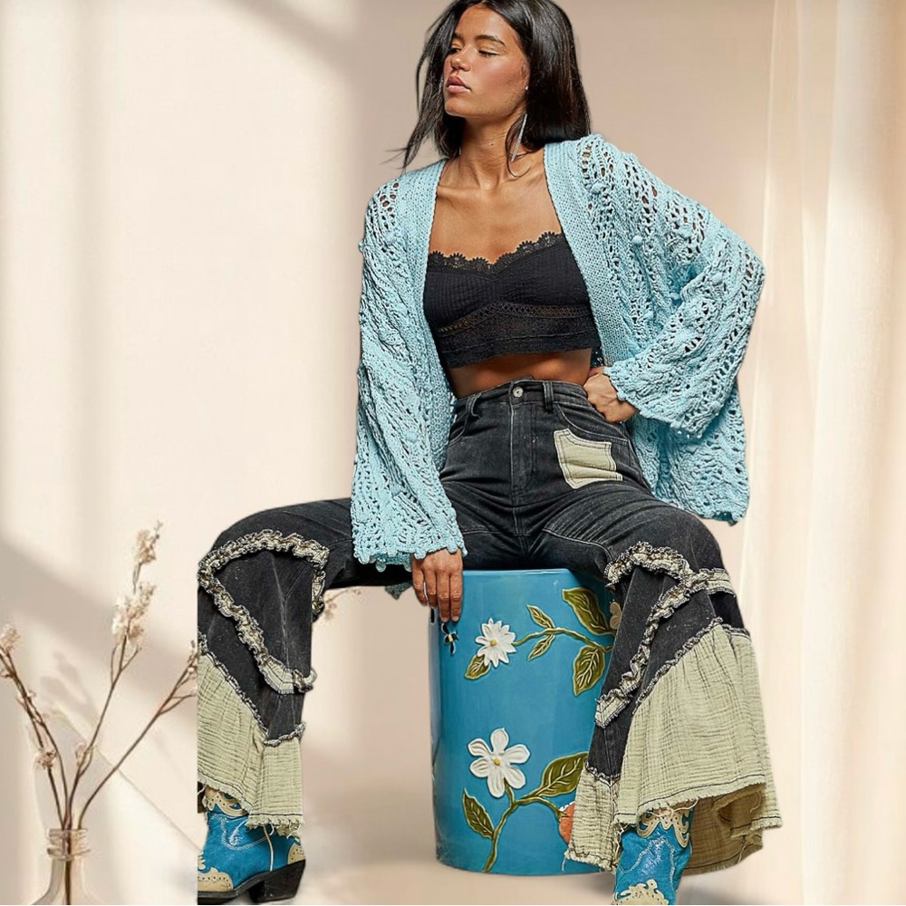 POL Baby Blue Crochet Hooded Open Knit Cardigan Sweater - Picture 10 of 11